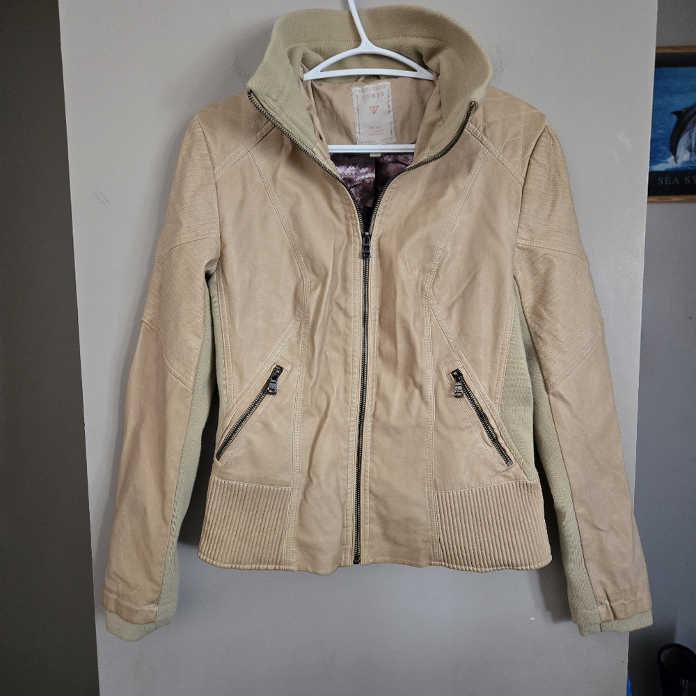 Guess NWT Moto Jacket Women Biker Tan Camel Medium Coat Top Bomber Y2K - Picture 8 of 15